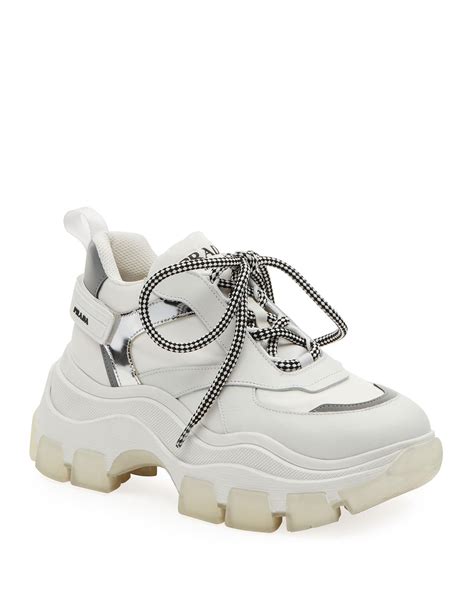 prada sneaker slip on|Prada white platform sneakers.